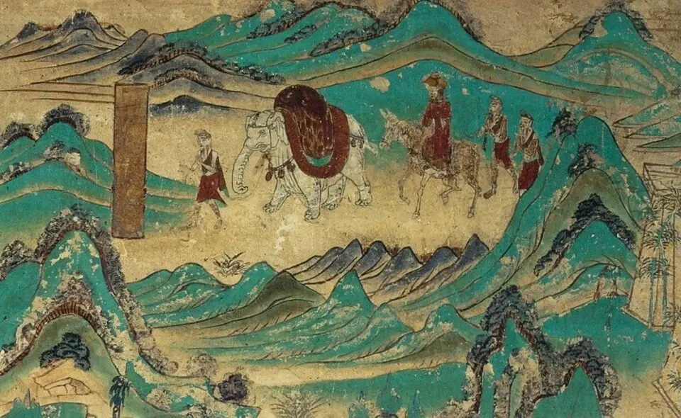 Xuanzang returning from India, a Dunhuang mural