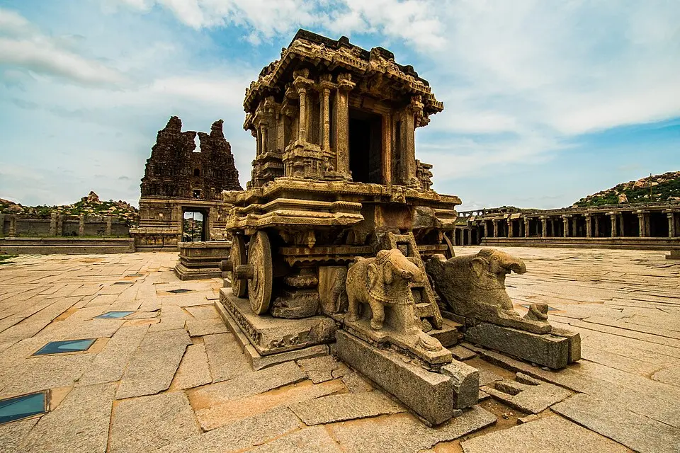 The stone chariot: The Garuda shrine at the Vitthala temple, cut from several granite blocks, not a monolith.