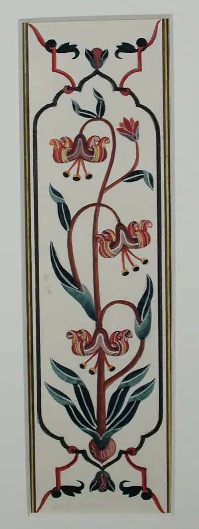 A pietra dura panel of inlaid flowers in white marble at the Taj Mahal