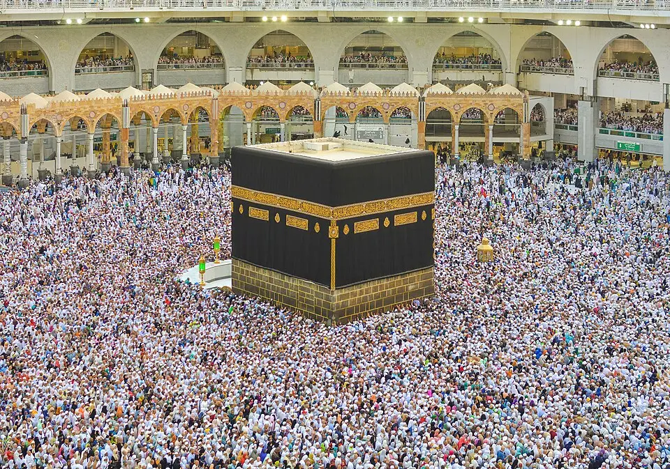 The Kaaba, Mecca: The Kaaba in the Masjid al Haram at Mecca, the sanctuary at the centre of the pilgrimage, during the Hajj.