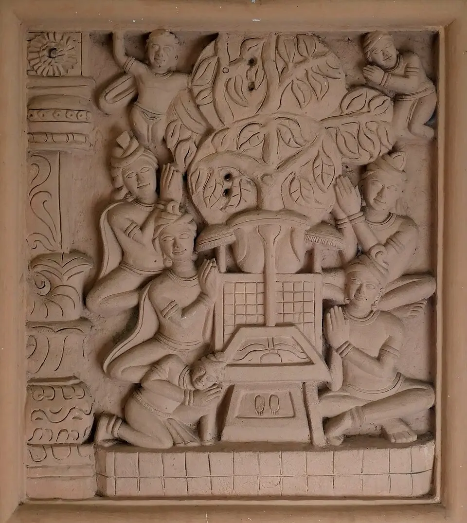 Worshipping the Buddhapada and the Bodhi tree: In the aniconic phase the Buddha's presence is marked by symbols such as the footprints and the Bodhi tree.