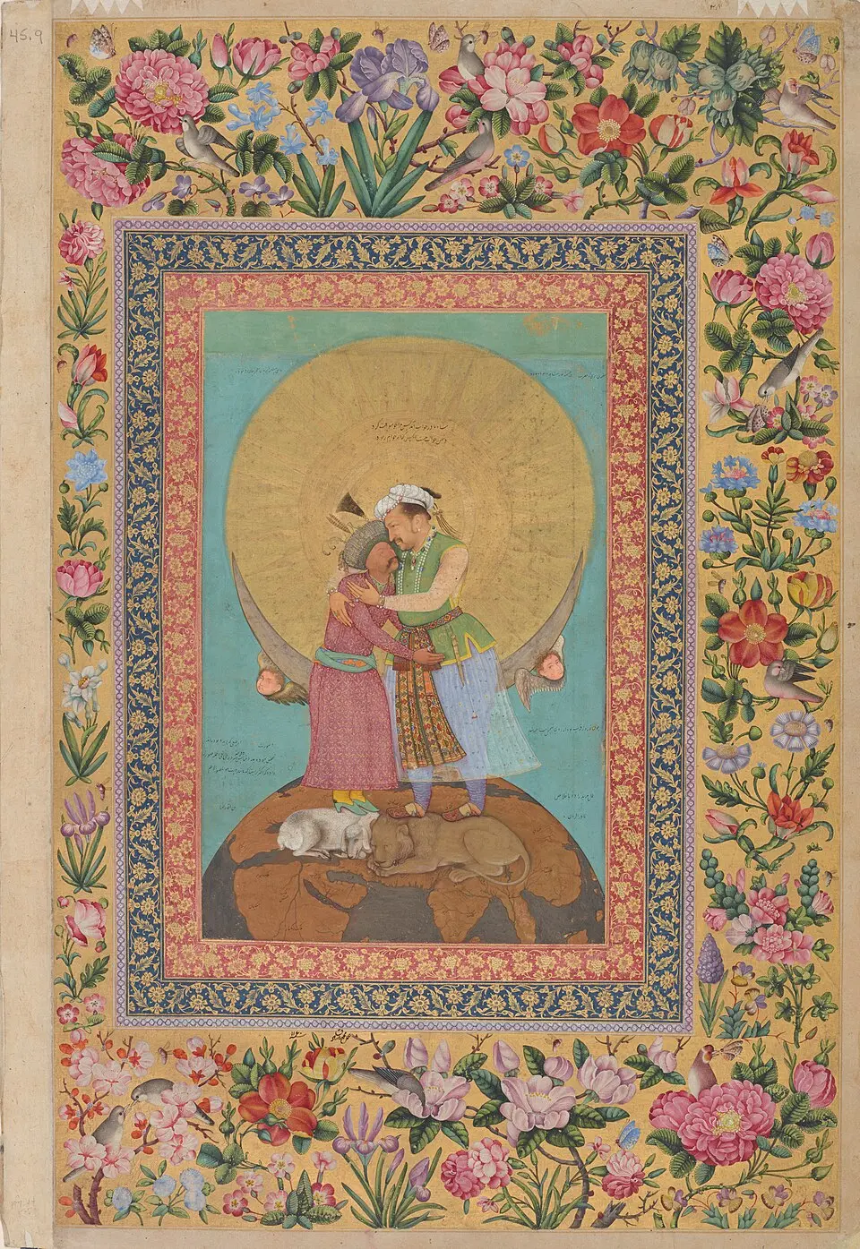 Jahangir embracing Shah Abbas: Abul Hasan's allegory of Jahangir embracing Shah Abbas, with the halo used as a statement of sovereignty.