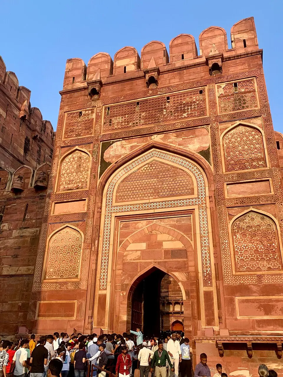 Agra fort: A gateway of Agra fort, from whose Shah Burj Jahangir hung the chain of justice and where Shah Jahan was confined from 1658.