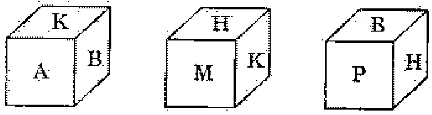 Three views of a cube (front, top, right faces): View 1: front A, top K, right B. View 2: front M, top H, right K. View 3: front P, top B, right H.