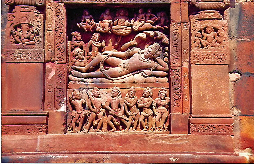 Vishnu reclining on the serpent Ananta, Dashavatara temple, Deogarh