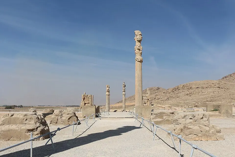 Persepolis: The standing columns of the Apadana at Persepolis, the Achaemenid ceremonial capital.