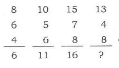 Four columns of numbers; in each column the first three numbers are written above a horizontal line and the fourth number (6, 11, 16, ?) is written below the line.