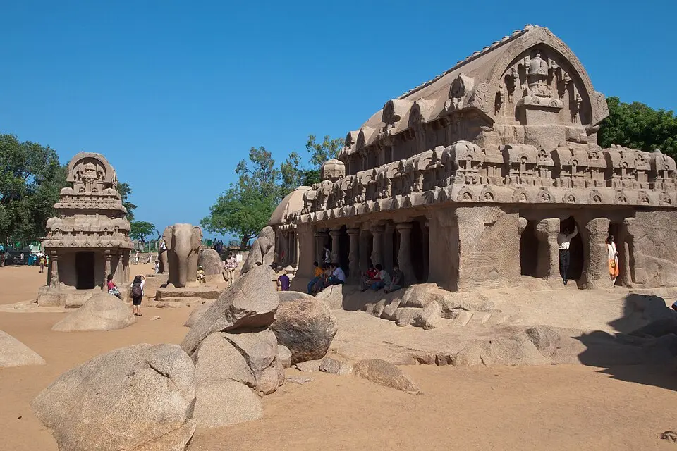 The Pancha Rathas, Mahabalipuram: Five temples carved from single boulders under Narasimhavarman I, each a different architectural form.