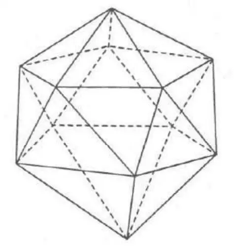 Wire-frame drawing of an icosahedron (top vertex, upper ring of five vertices, lower ring of five vertices, bottom vertex), with hidden edges shown dashed; all faces are triangles.