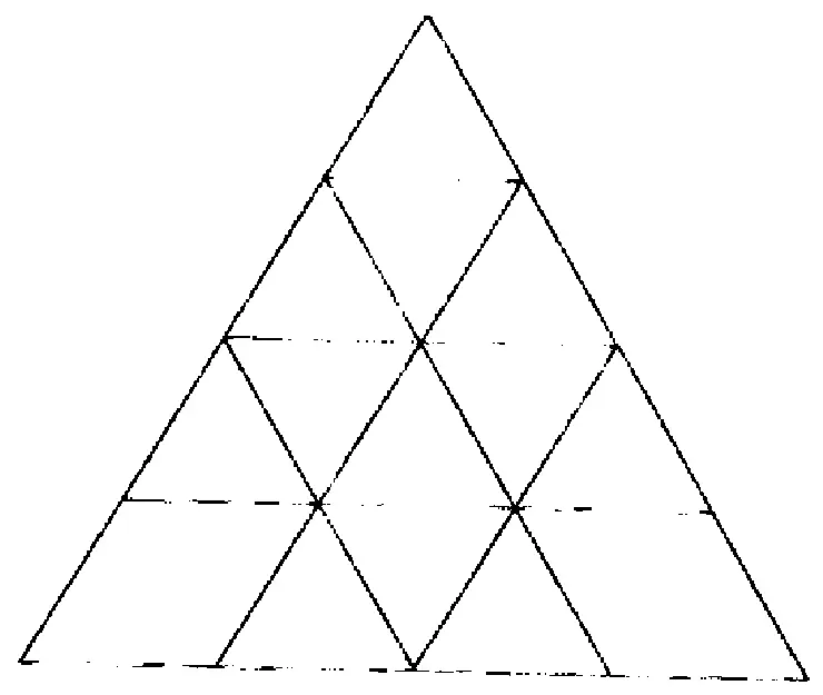 A large upright triangle. Label points dividing the left side into four equal parts from the apex as L1, L2, L3, the right side similarly R1, R2, R3, and the base from left to right B0, B1, B2, B3, B4 (B0 and B4 are the bottom corners). Lines drawn inside: horizontal lines L2-R2 and L3-R3 (no horizontal line at L1-R1); lines parallel to the right side L1-B3 and L2-B2; lines parallel to the left side R1-B1 and R2-B2. This forms a lattice of small triangles and rhombuses inside the big triangle.