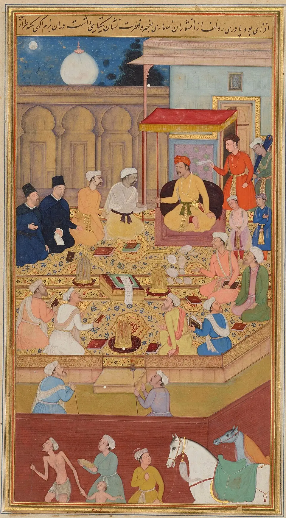 Akbar listening to a debate with Jesuit priests in his court, from the Akbarnama