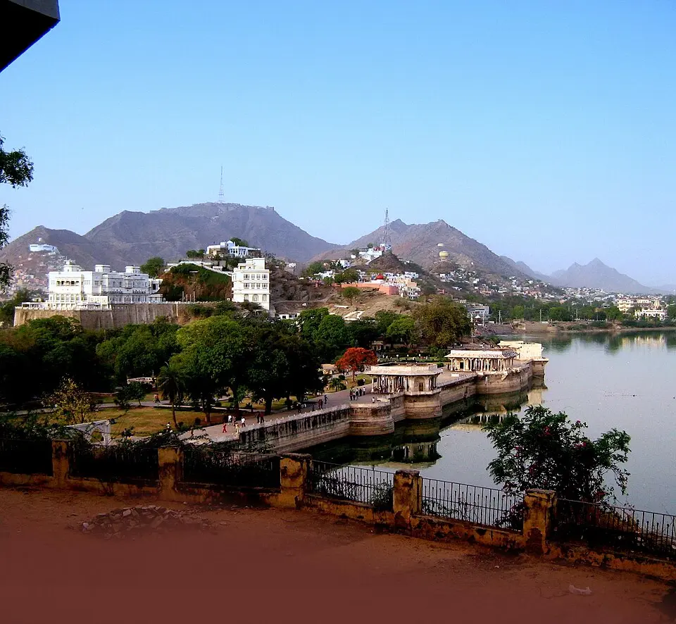 Ana Sagar, Ajmer: The Ana Sagar lake at Ajmer, the Chahamana capital, with the later marble pavilions on its bank and the hills behind.