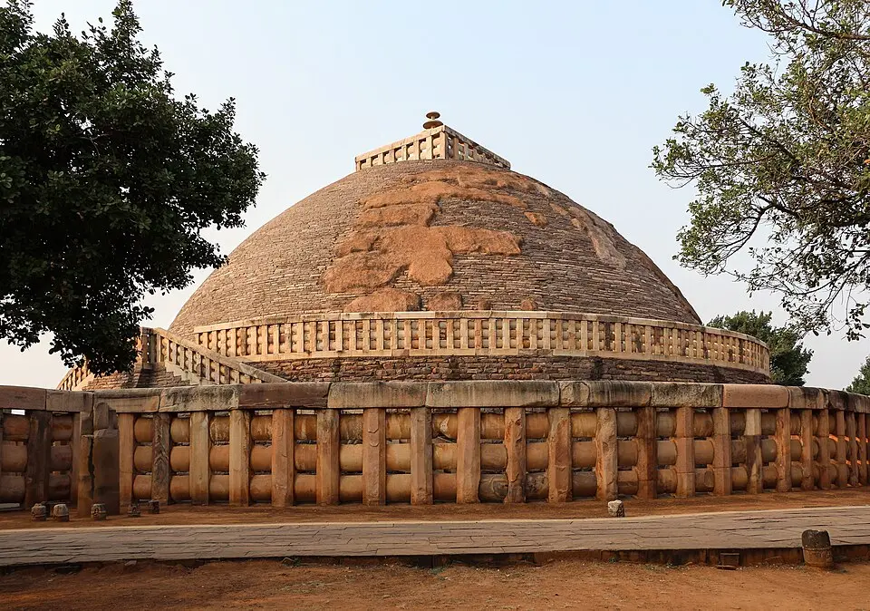 The Great Stupa at Sanchi: Ashoka is traditionally associated with building or enlarging stupas, as at Sanchi, near Bhopal.