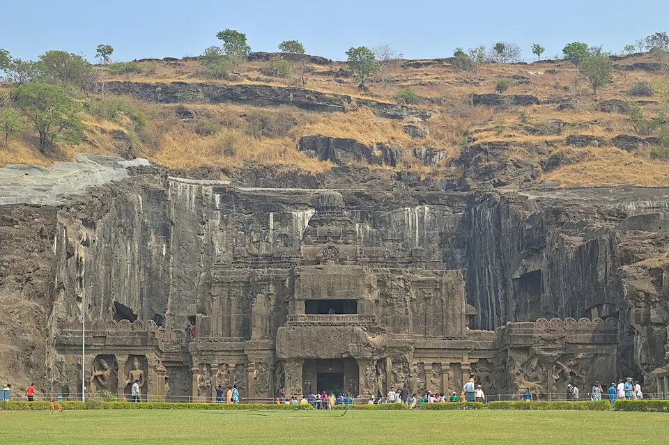 The Kailasanatha, Ellora Cave 16: Carved from a single basalt cliff from the top downward under Krishna I, about 756 to 773 CE.