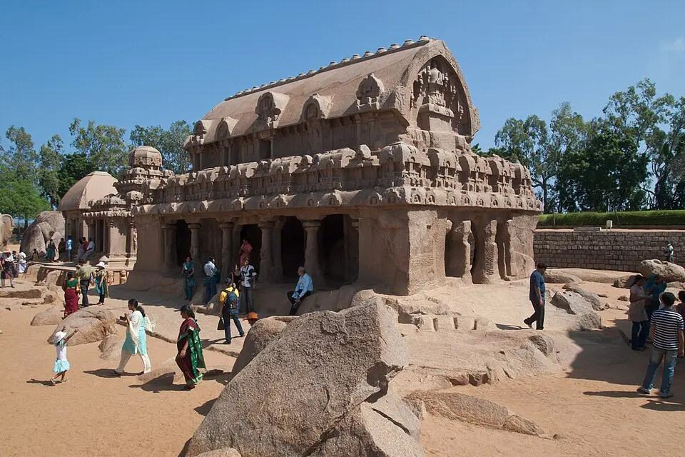 The Pancha Rathas at Mahabalipuram, five shrines cut from single rocks