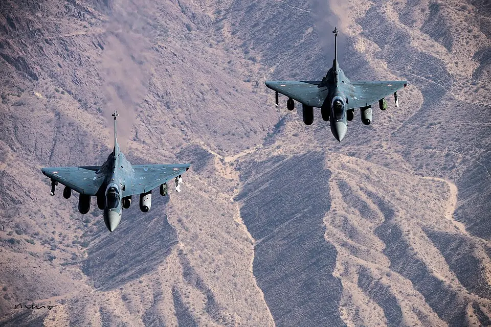 Two Tejas light combat aircraft flying in formation