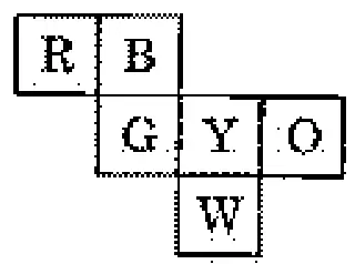 Net of six squares: top row R, B (B to the right of R); second row G, Y, O, with G directly below B; W directly below Y in a third row. Layout:
R B . .
. G Y O
. . W .