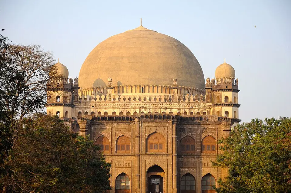 The Gol Gumbaz in Bijapur, a massive dome with four octagonal corner towers