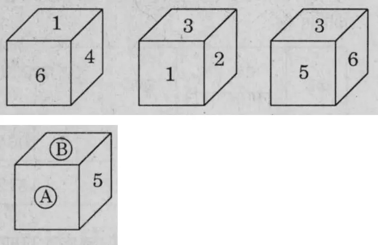 Three views of the cube: view 1 – top 1, front 6, right side 4; view 2 – top 3, front 1, right side 2; view 3 – top 3, front 5, right side 6. Query cube: top face B, front face A, right side 5.