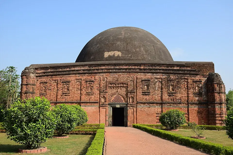 Eklakhi Mausoleum, Pandua: Jalaluddin Muhammad Shah's square, single domed brick tomb with a curved cornice, the prototype of the Bengali tomb.