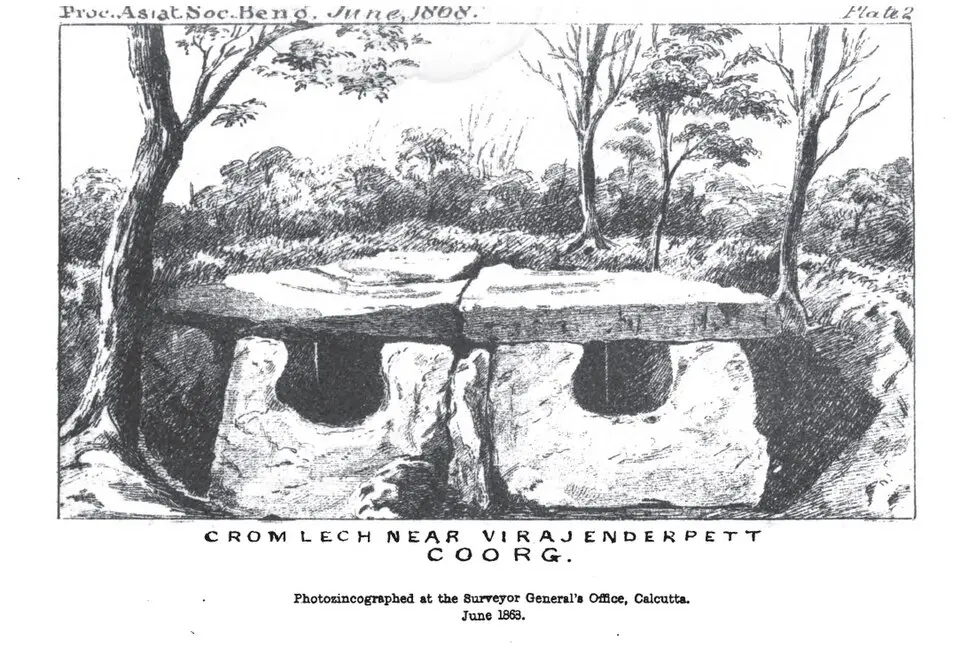 A megalithic stone circle in Coorg: Megalith builders are known from their graves, encircled by big stones and mostly outside the settlement area.