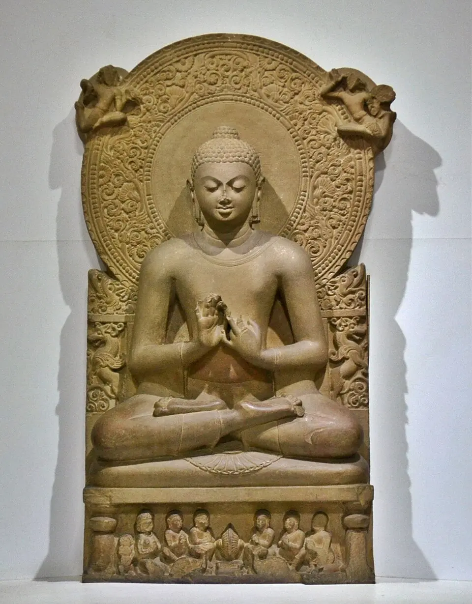 The Sarnath Buddha: The fifth century Sarnath Buddha, seated in dharmachakra pravartana mudra with the first sermon on the pedestal, is the reference point for the Gupta ideal.