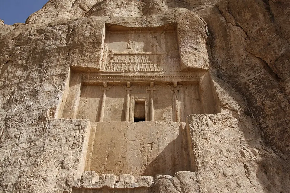 The tomb of Darius I at Naqsh e Rustam: Darius I brought Gandhara and the Indian borderlands into the Achaemenid empire as the province of Hindush.