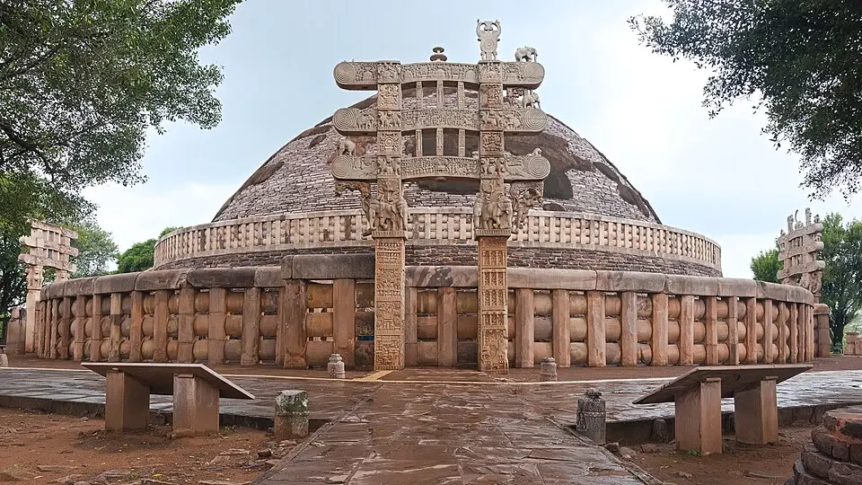 The Great Stupa and its eastern torana, Sanchi: Three stupas and four carved toranas; the defining monument of early Buddhist art.