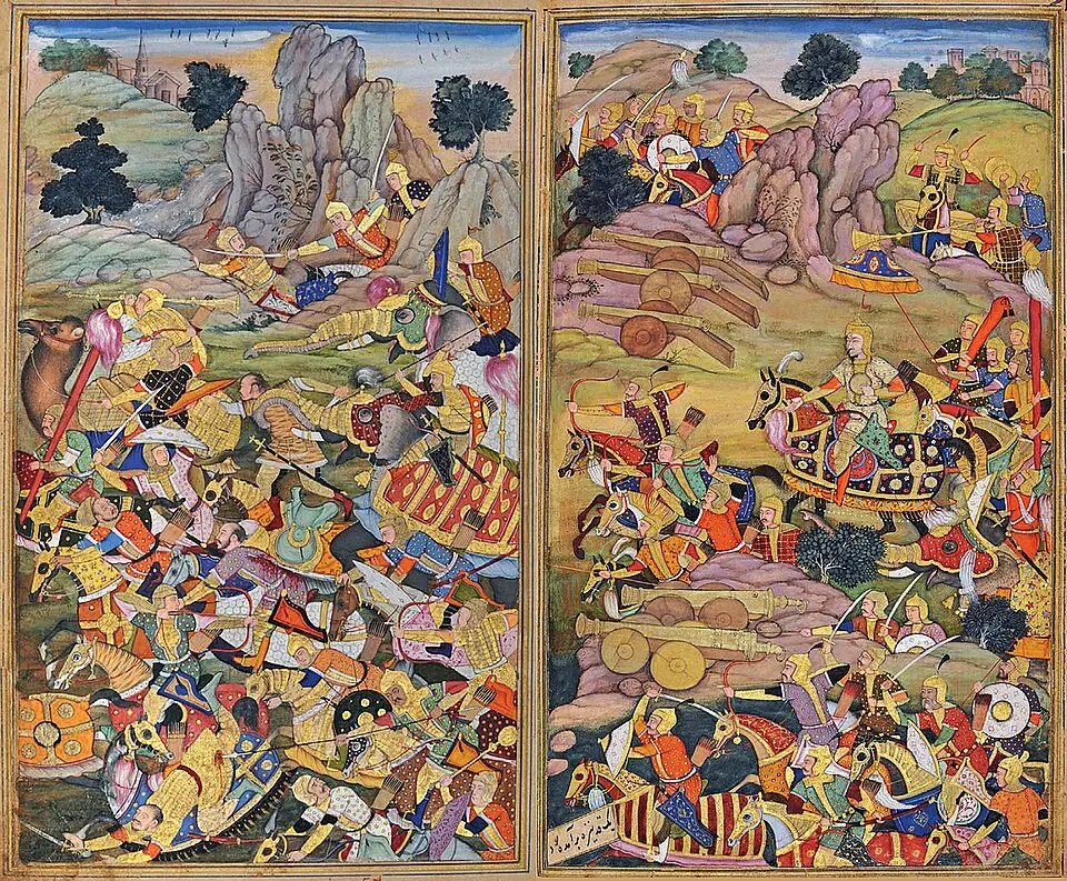 The First Panipat in the Baburnama: A Baburnama painting of 1598 showing the battle of 21 April 1526, with the carts of Babur's wagon laager among the fighting.