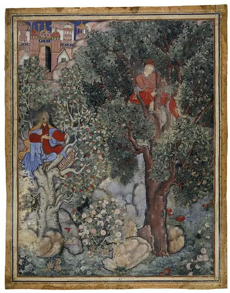 A folio from Akbar's Hamzanama showing a crowded narrative scene