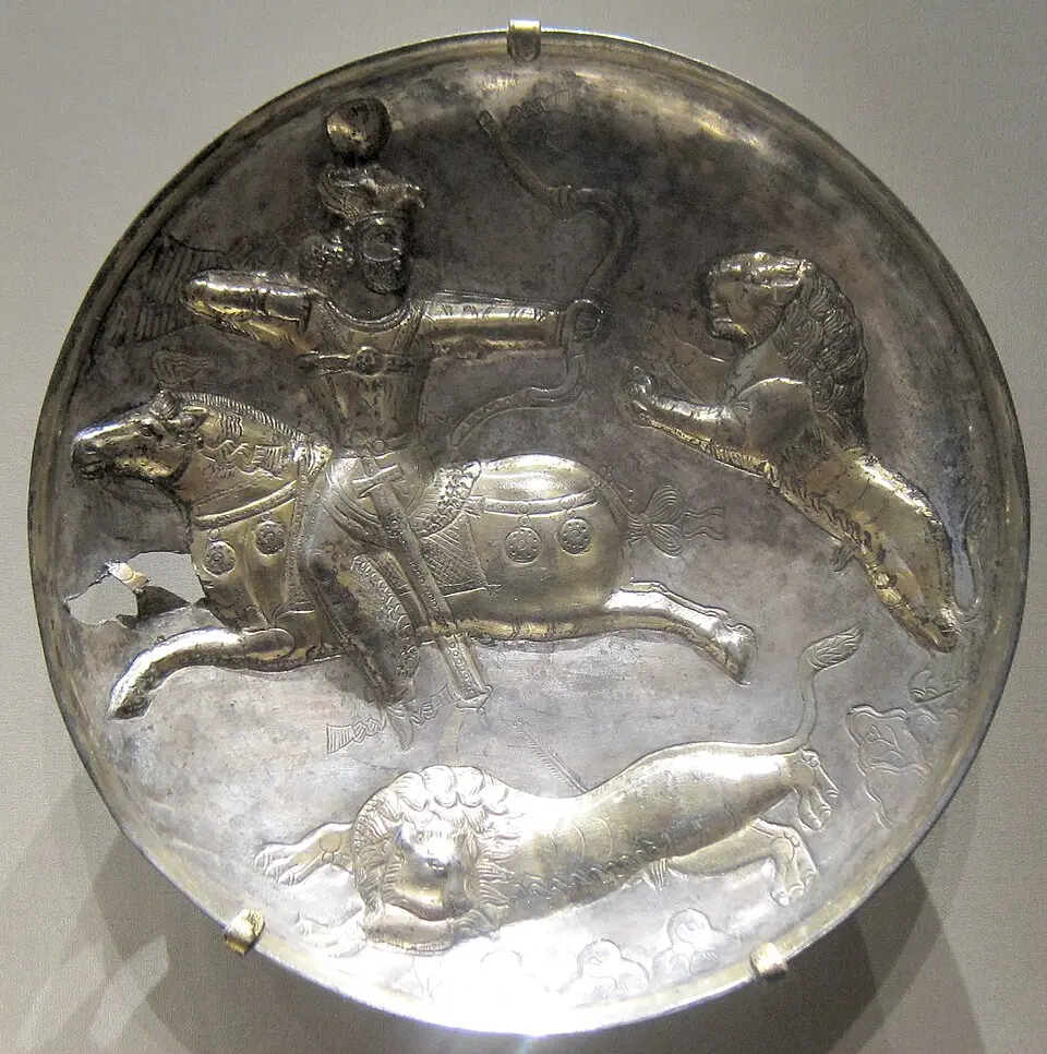 A Sassanid silver plate: A Sassanid silver and gilt plate of a king hunting on horseback, 303 to 309 CE, in the Cleveland Museum of Art.