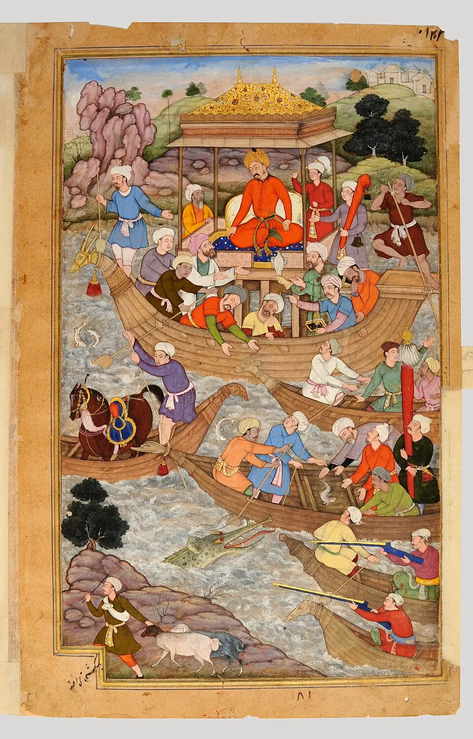 Folio from the Baburnama showing Babur crossing the river Saun