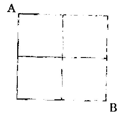 A square divided into a 2 × 2 grid of four equal smaller squares (three vertical and three horizontal lines). A is the top-left corner and B is the bottom-right corner.