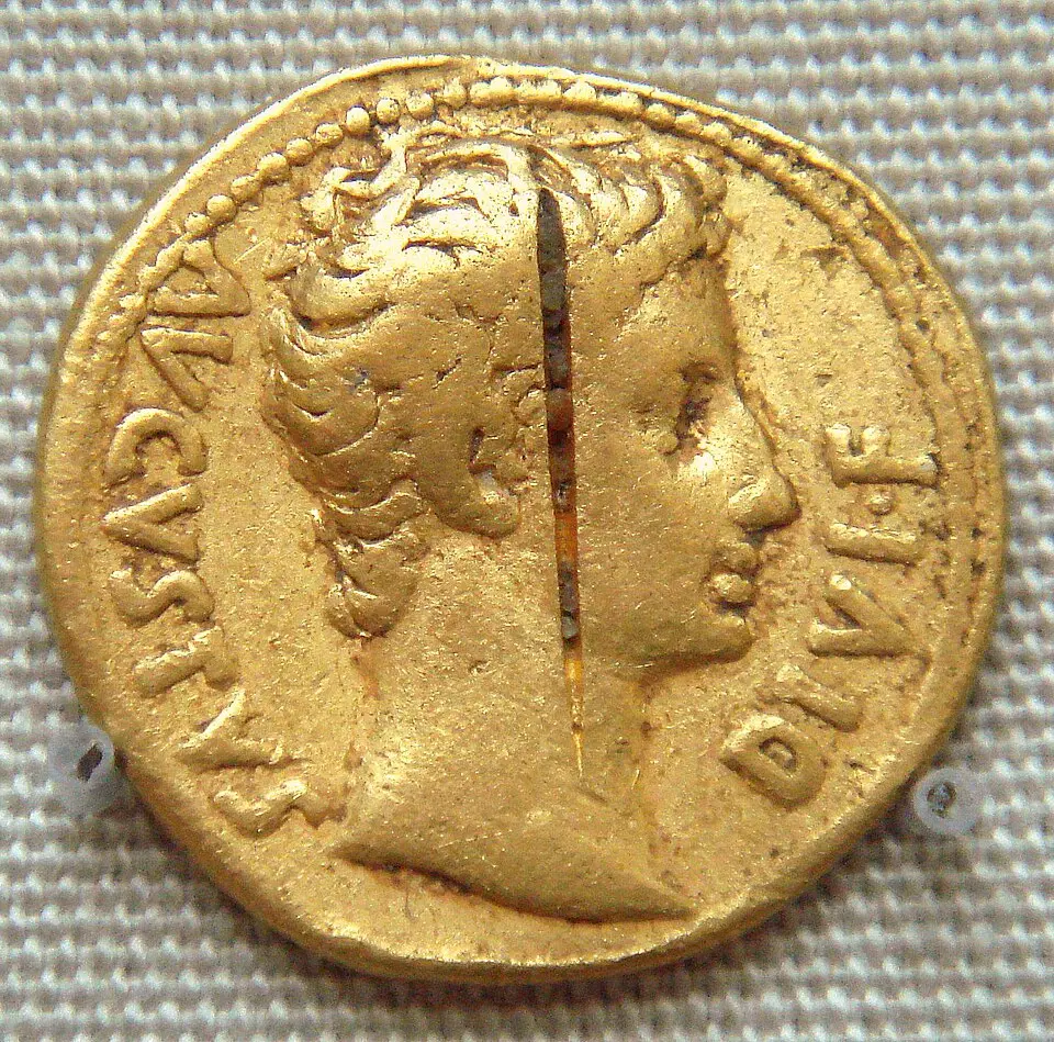 A gold coin of Augustus found in India: The aureus, the Roman gold coin, was the most important import; this one, from the Pudukottai hoard, bears a cut across the emperor's face.