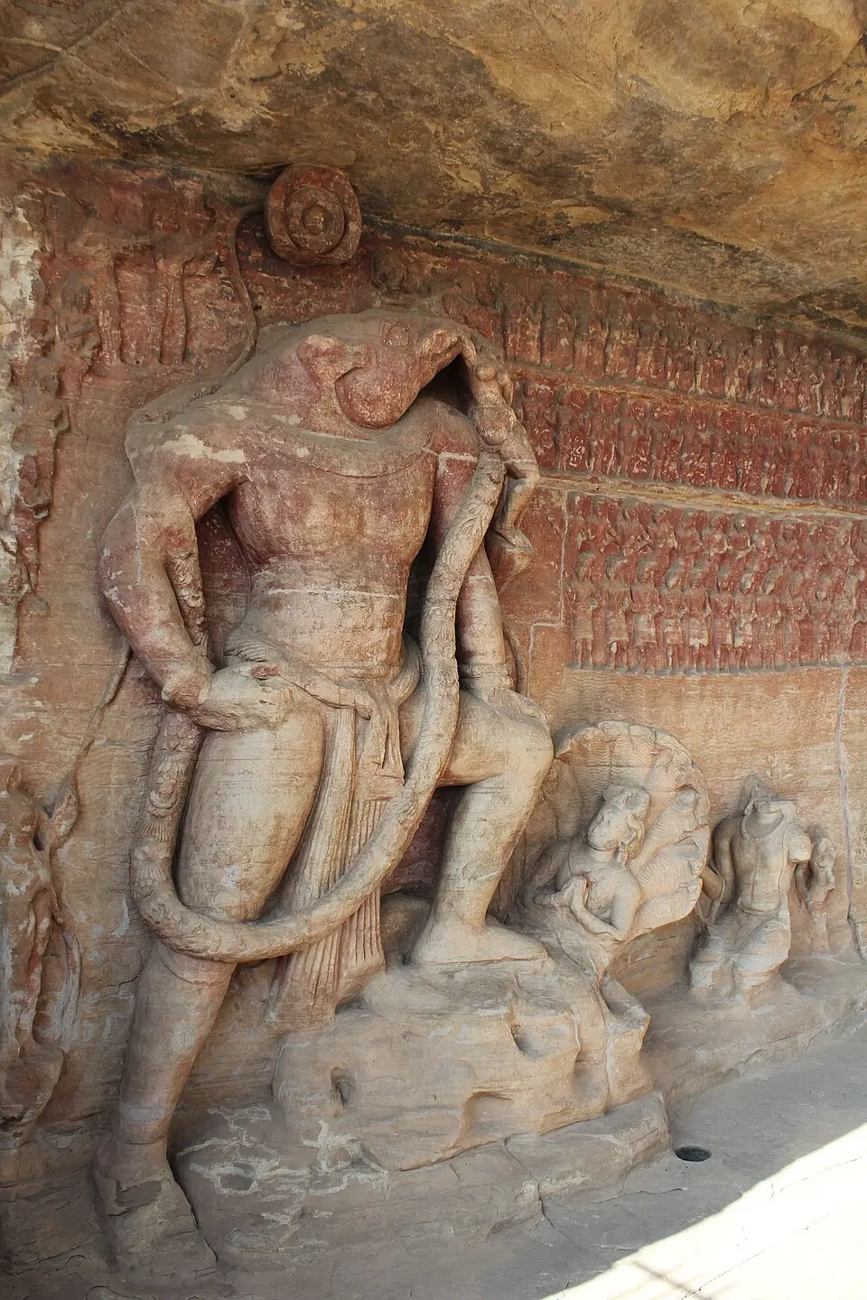 The Varaha of Udayagiri Cave 5: Vishnu as the boar lifting the earth goddess from the ocean, carved under Chandragupta II and read as the king rescuing the land from the Shakas.