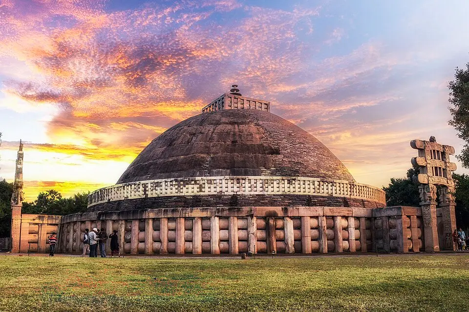 The Great Stupa at Sanchi with its stone railing and a gateway