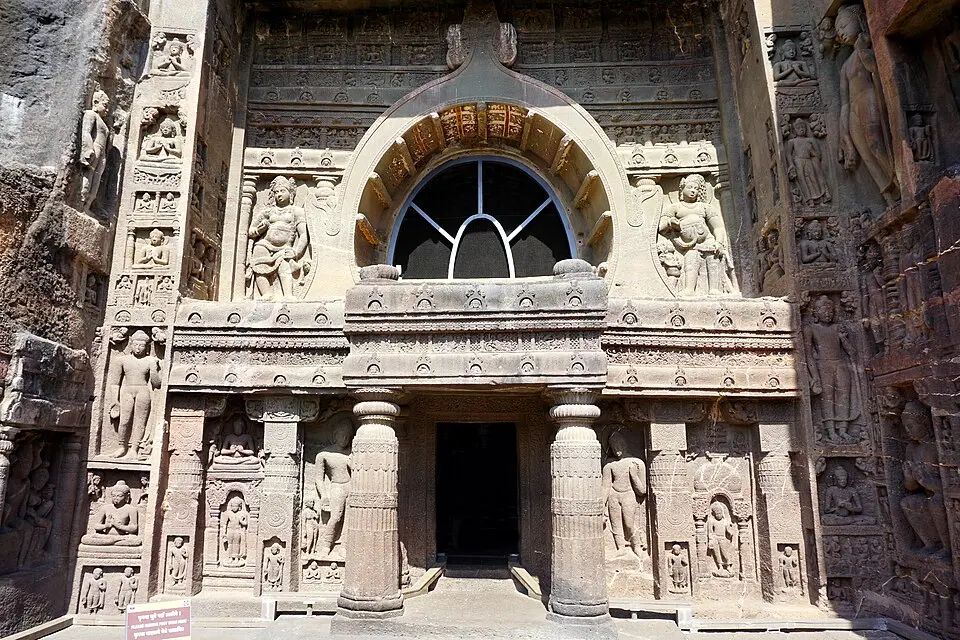The facade of Ajanta Cave 19: Caves 19 and 26 are the finest chaitya halls of the second phase.
