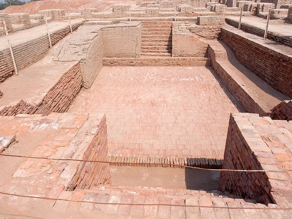 The Great Bath: The Great Bath at Mohenjodaro: a rectangular tank of brick masonry, waterproofed with bitumen, with steps leading down.