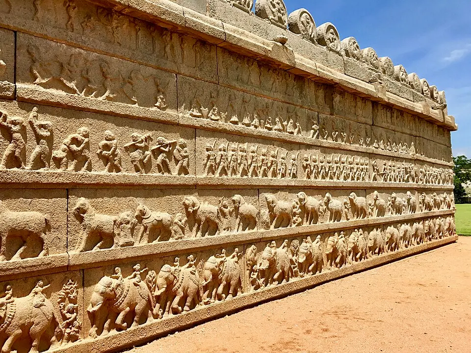 The Hazara Rama friezes: The outer wall of the royal chapel, its registers of elephants, horses and soldiers in procession.
