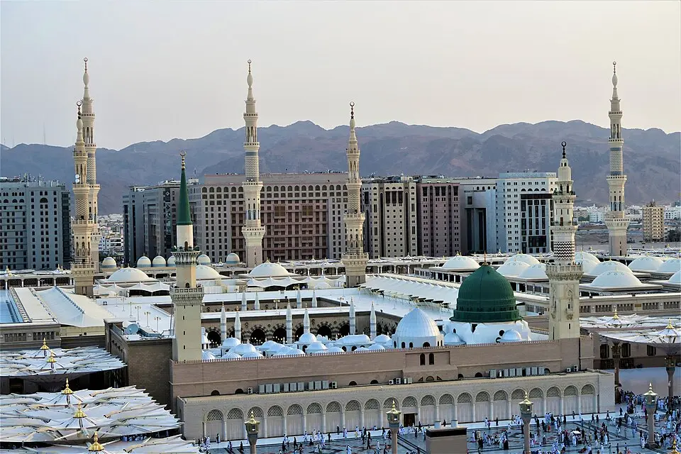 The Prophet's Mosque, Medina: The mosque at Medina from the south, with its minarets and the green dome.