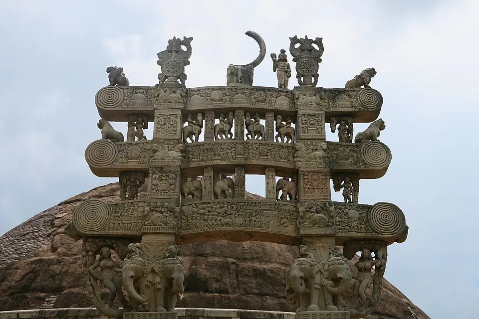 The northern torana at Sanchi: The four carved toranas and the outer vedika of the Sanchi stupa were added in the Shunga and early Satavahana periods.