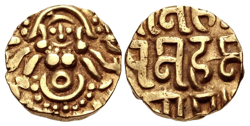 Ghor's Lakshmi coin: A gold coin of Muhammad bin Sam with the goddess Lakshmi seated on one side and his name in Nagari on the other.
