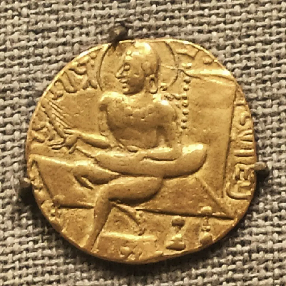 Samudragupta's lyrist coin: The vina type shows him seated playing the lyre, corroborating the Prayaga Prashasti's claim that he was a musician.