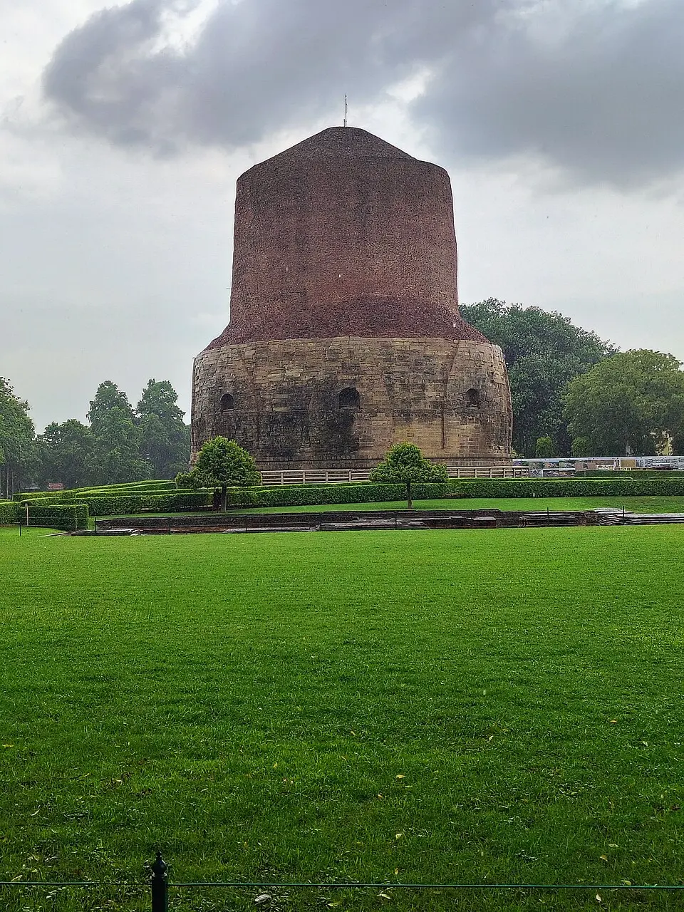Sarnath: the Dhamek stupa: The Buddha gave his first sermon at Sarnath, near Varanasi: the Dharmachakra Pravartana, turning the wheel of dharma.