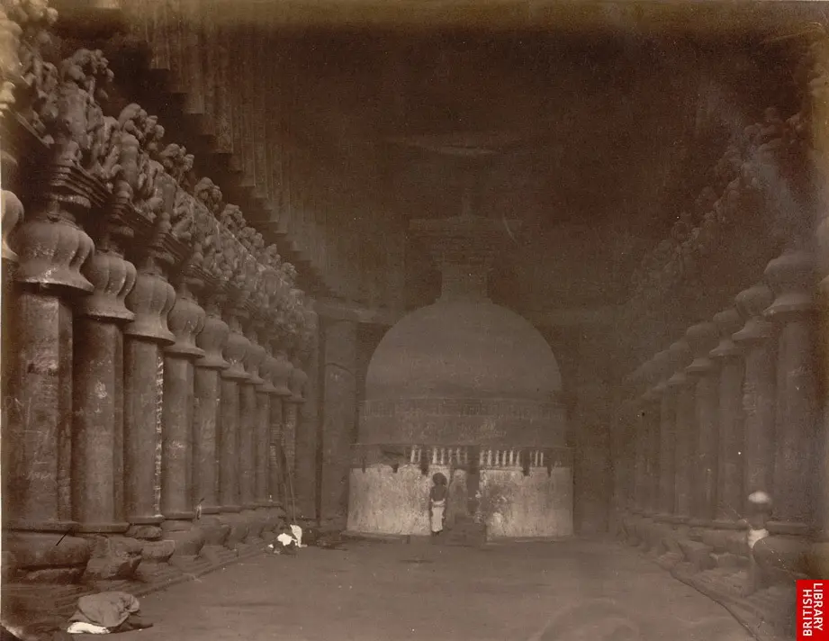 Inside the chaitya hall, Karla: The largest and finest early chaitya hall, with massive columns; a photograph of the 1860s.