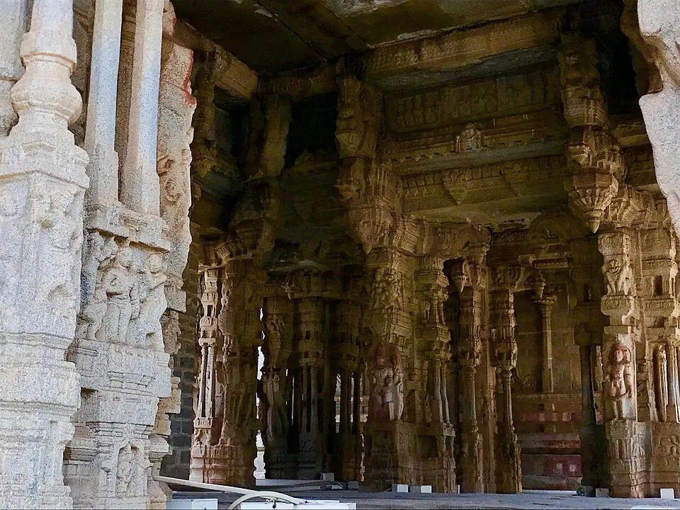 The Vitthala mandapa: Composite pillars of the Vitthala temple's hall, slender colonnettes cut from one block.