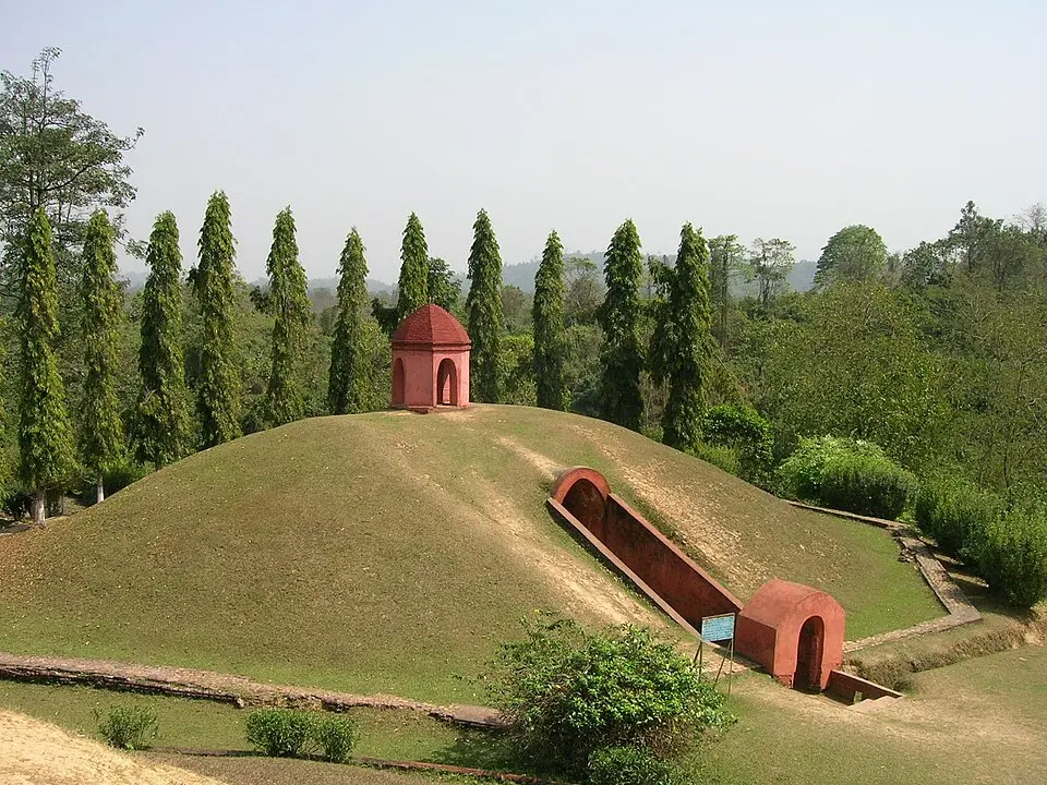 The grassy burial mounds (moidams) of the Ahom kings at Charaideo, Assam