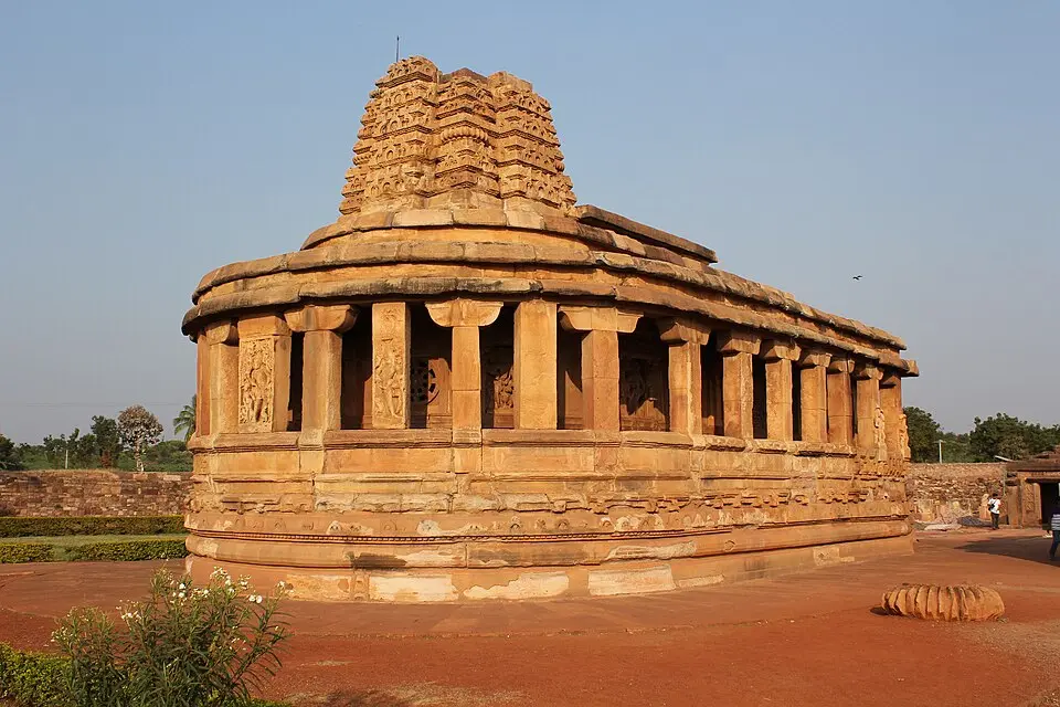 The Durga temple, Aihole: Its apsidal plan derives from the Buddhist chaitya hall, at the cradle of Indian architecture.