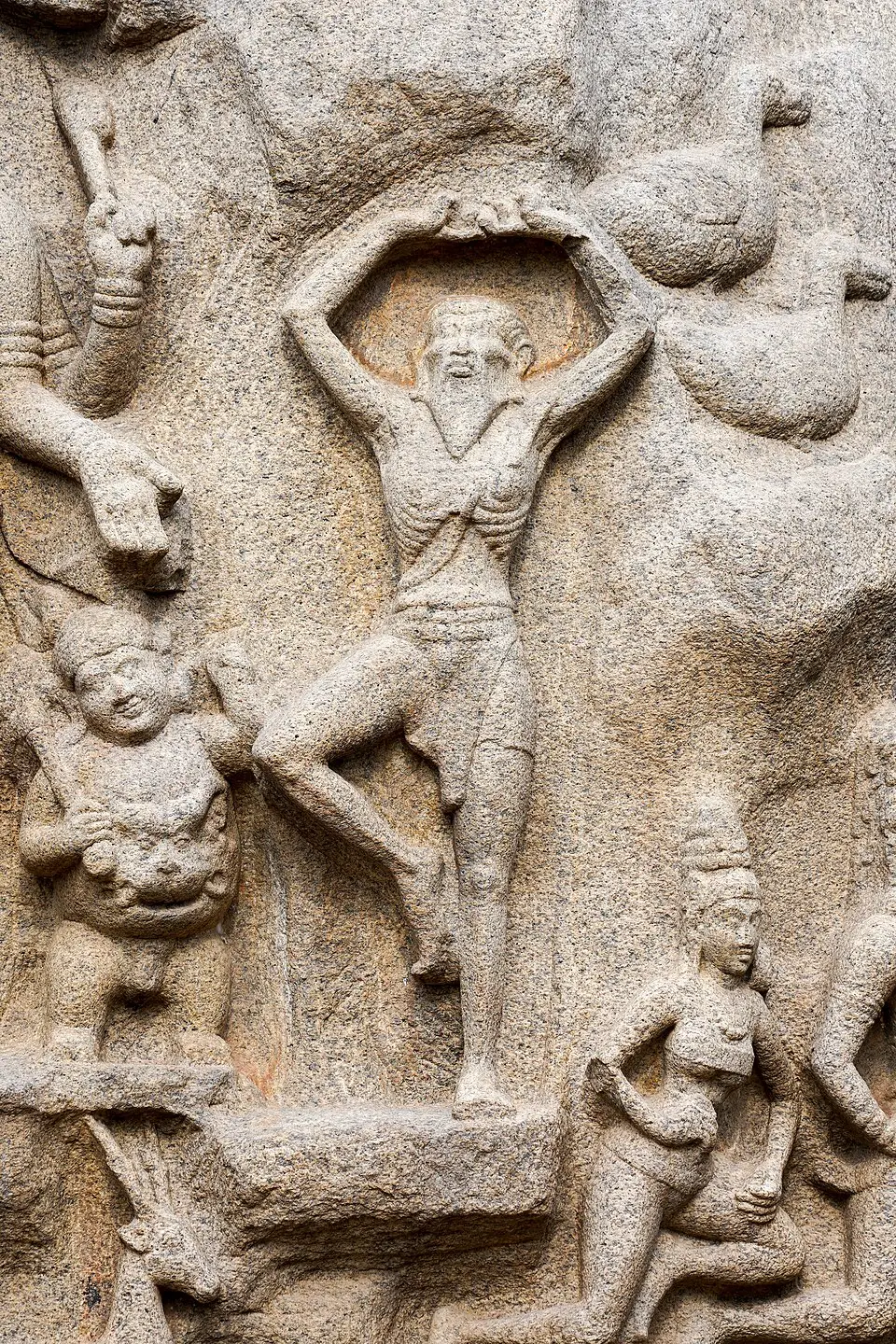 Arjuna's Penance, Mahabalipuram: One of the largest bas reliefs in the world, across two boulders: Arjuna's penance or the descent of the Ganges.