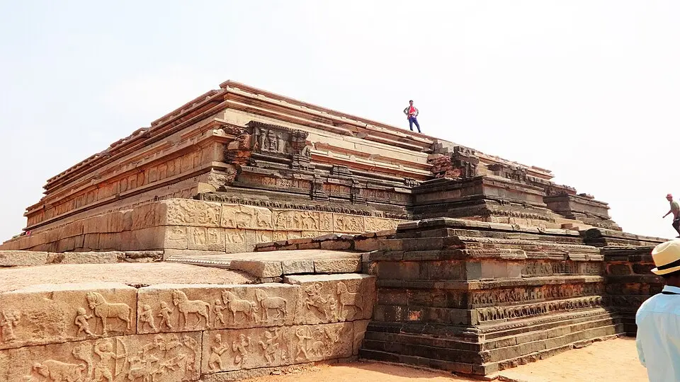 The Mahanavami Dibba: The three tiered granite platform of the royal centre, its base carved in registers.